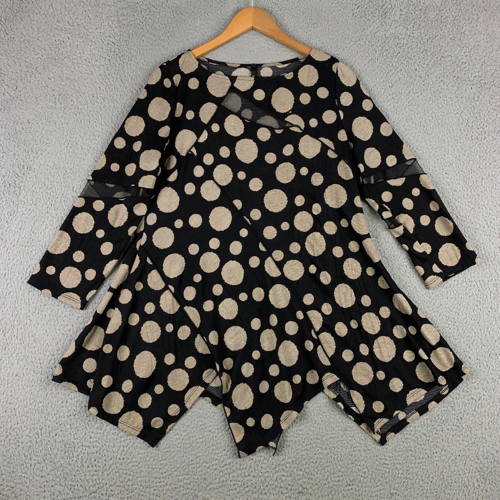 IC by Connie K Tunic Women's Medium Black Tan Polka Dot Sharkbite Mesh Inset Top